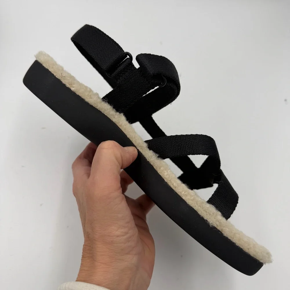 NEW Everlane Black ReNew Teddy Faux Fur Sport Sandal in Size 9